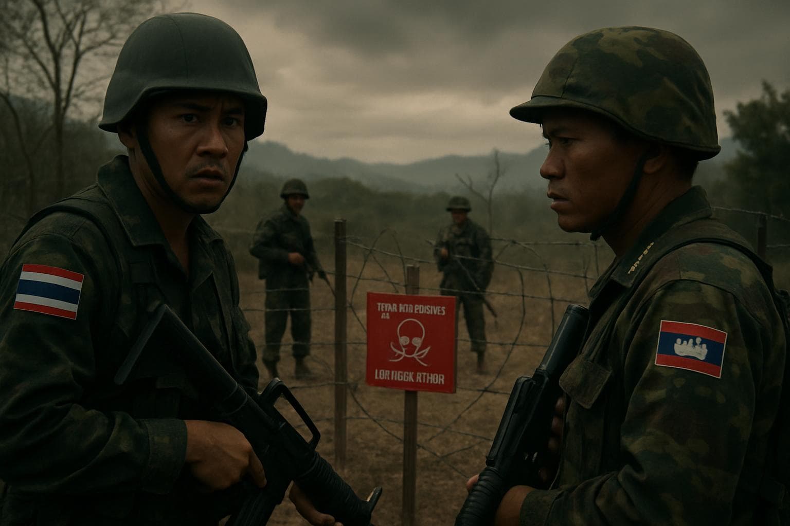 Thai and Cambodian soldiers at a disputed border area