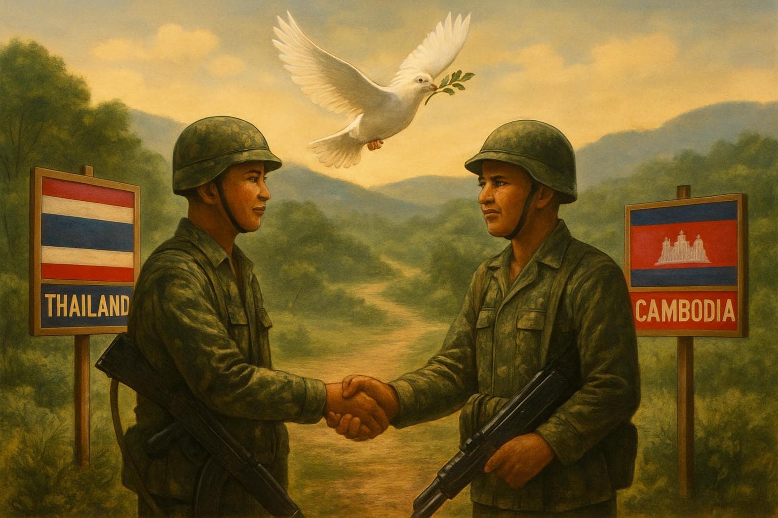 Soldiers from Thailand and Cambodia shaking hands under a dove
