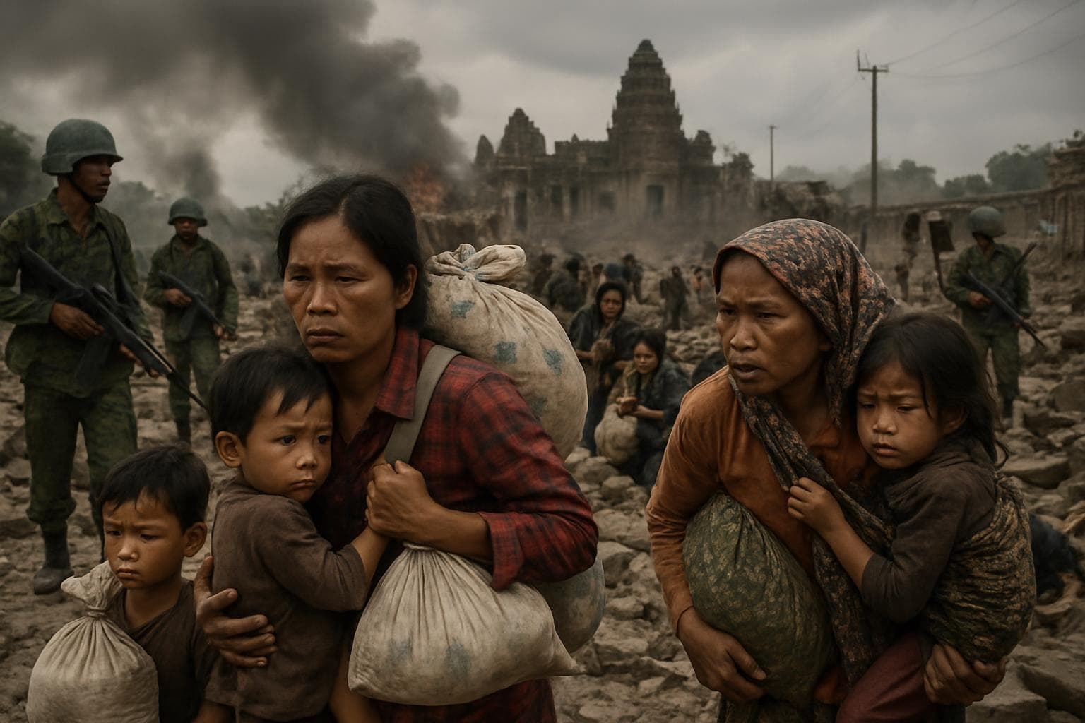 Displaced families at Thailand-Cambodia border amid military presence