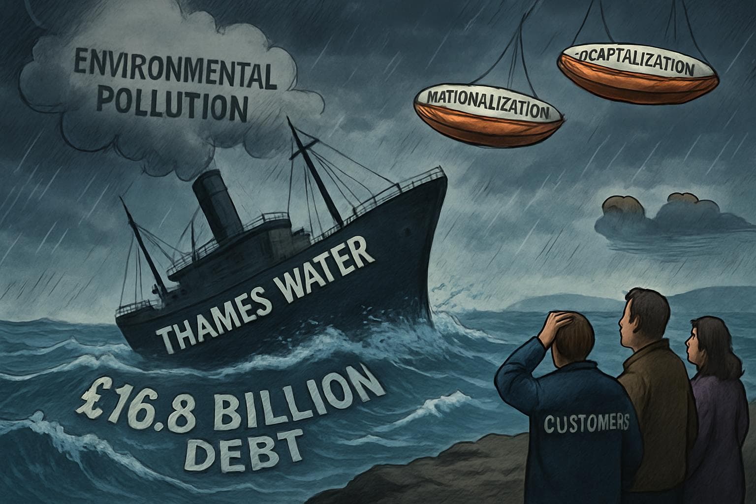 Sinking ship labeled Thames Water in stormy seas