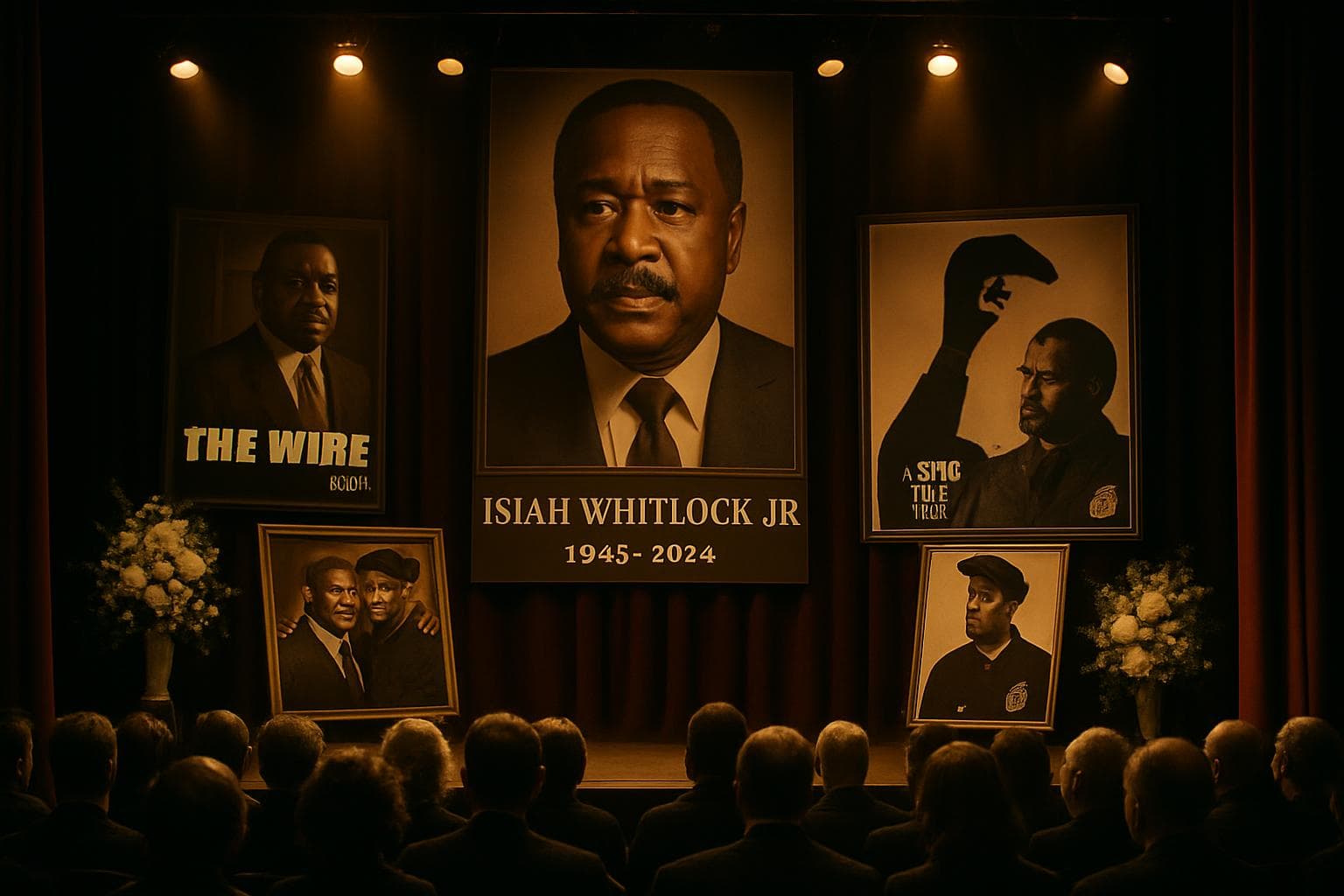 Theater stage with Isiah Whitlock Jr memorabilia and audience
