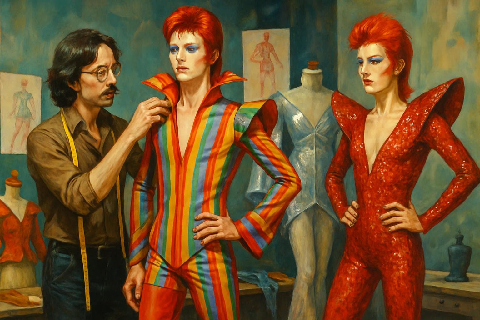 Fashion designer creating colorful glam rock outfits
