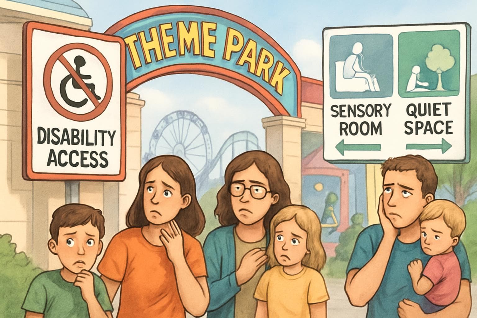 Theme park entrance with disability access signs and concerned families