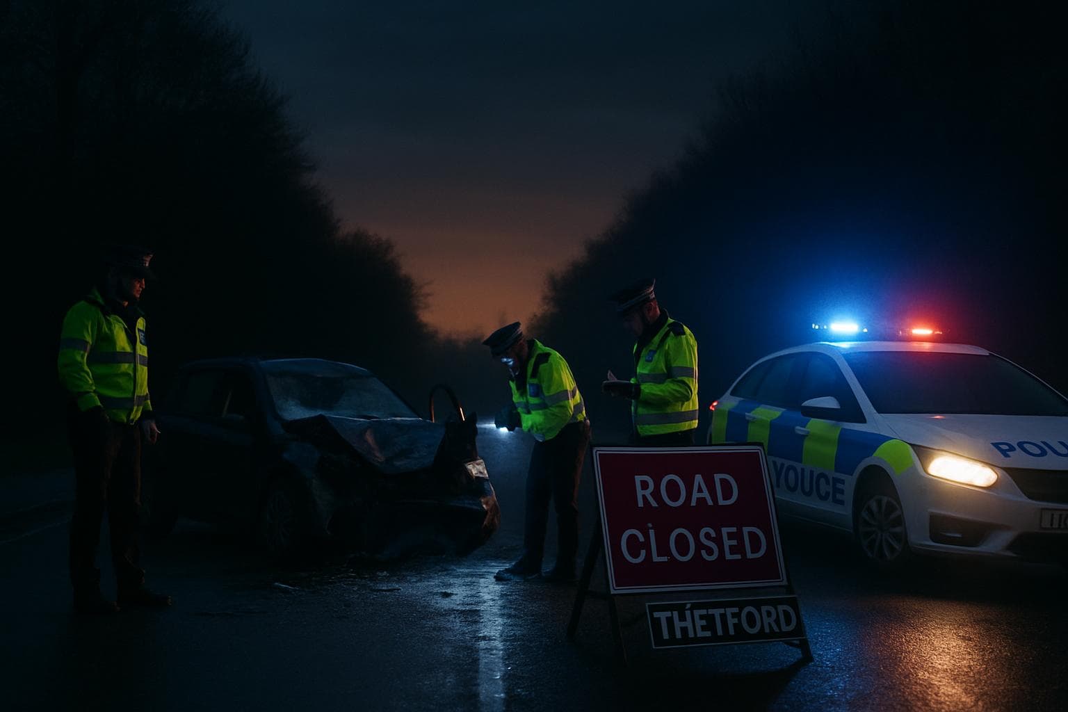 Police investigate car crash on closed road at night