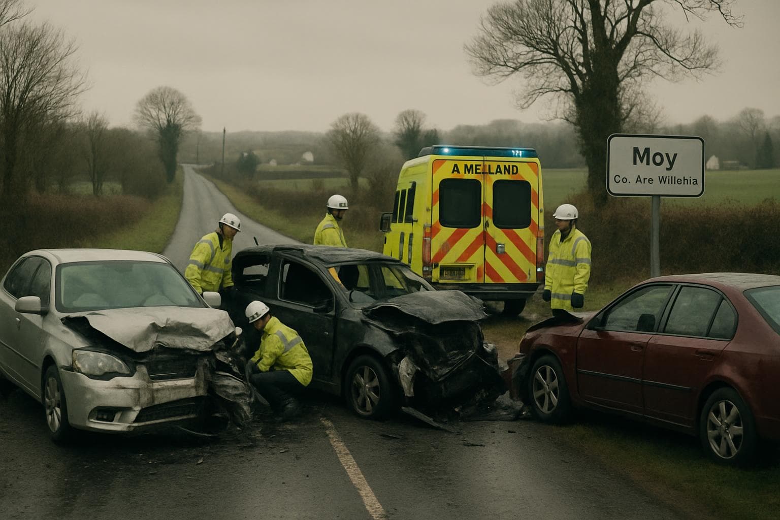 Three-car crash on a rural road with emergency responders
