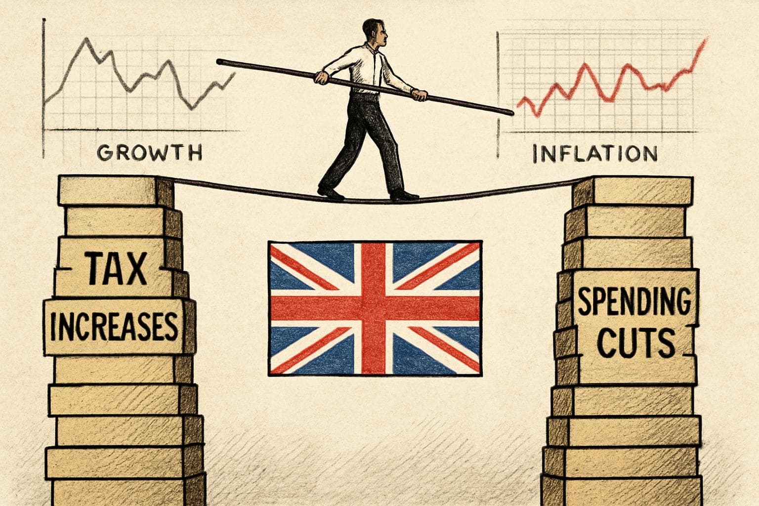 Tightrope walker balancing between tax increases and spending cuts.