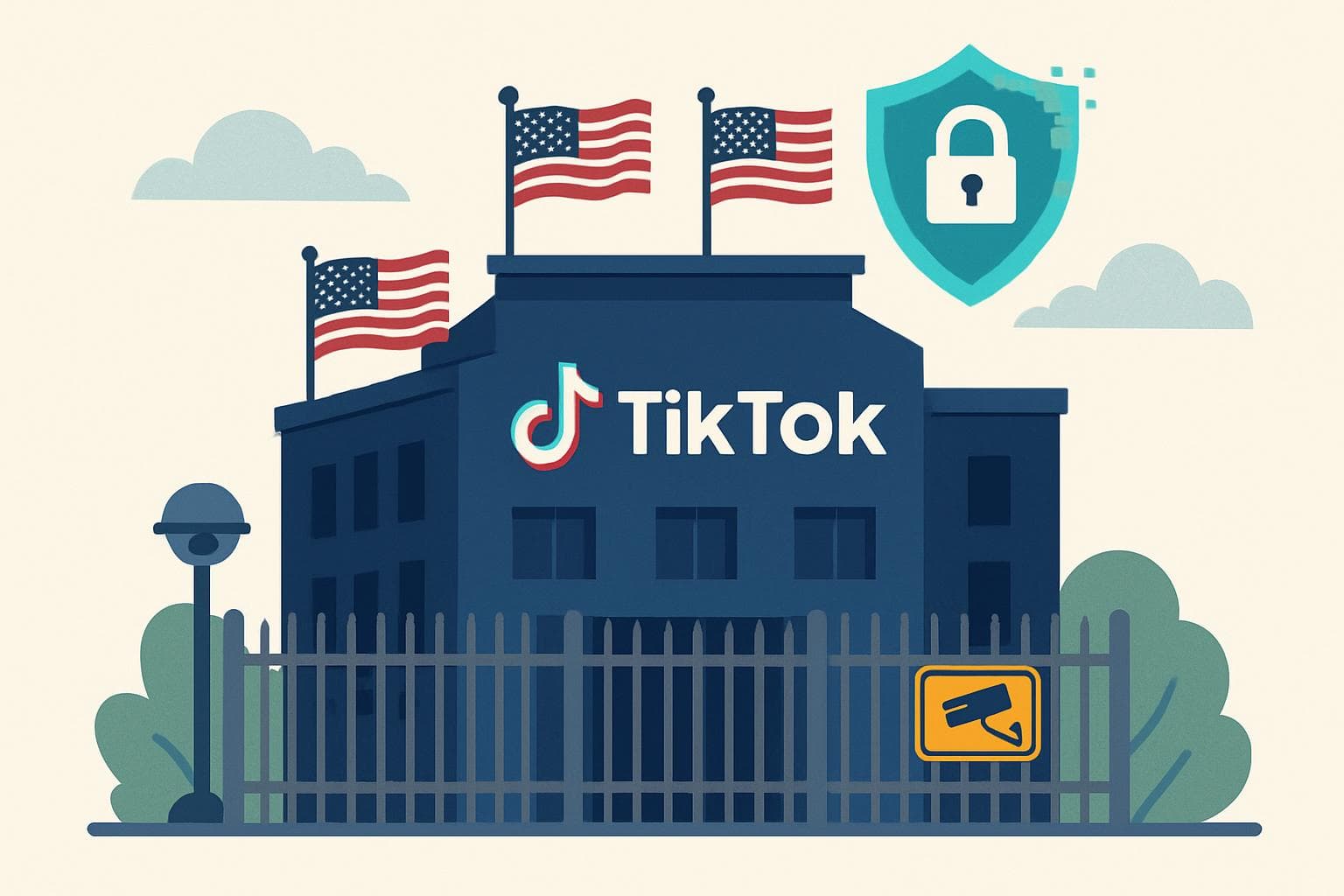 TikTok-branded building with American flags and security features
