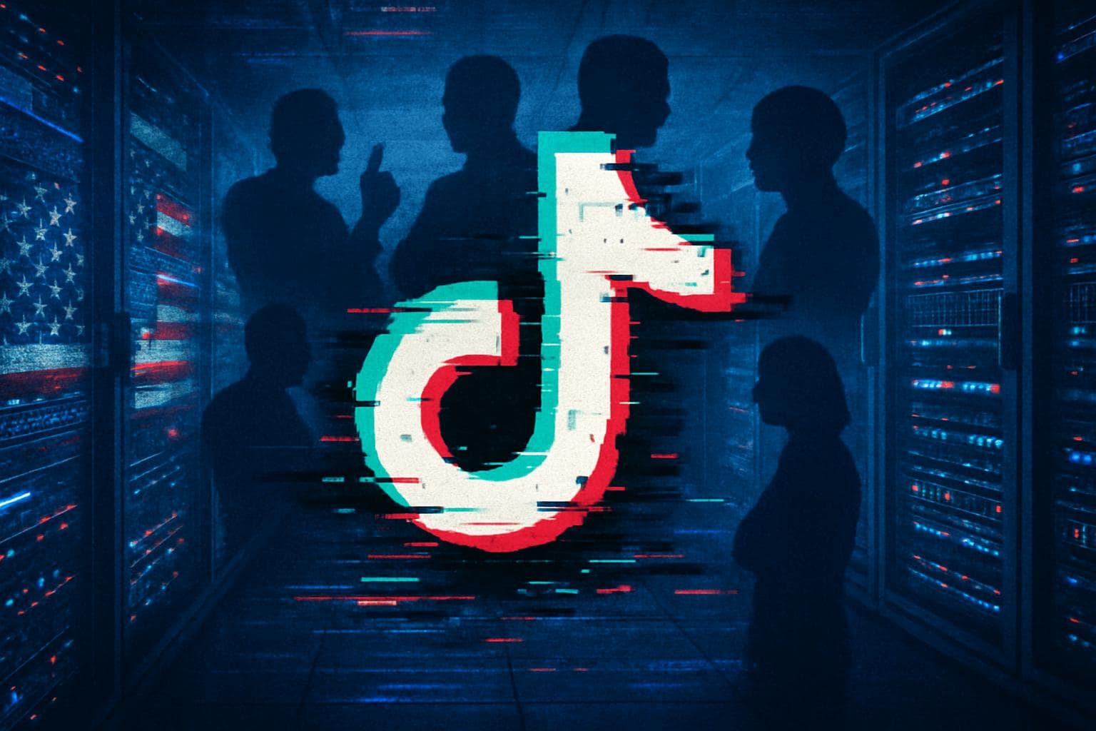 TikTok logo with glitch effects in a data center
