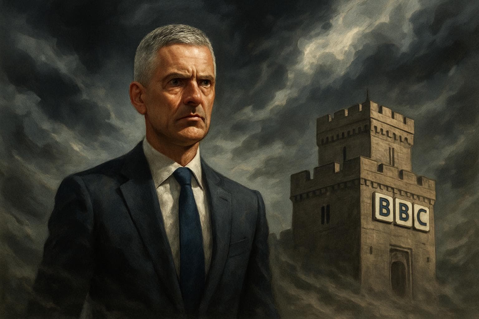 Tim Davie stands under storm clouds representing BBC challenges