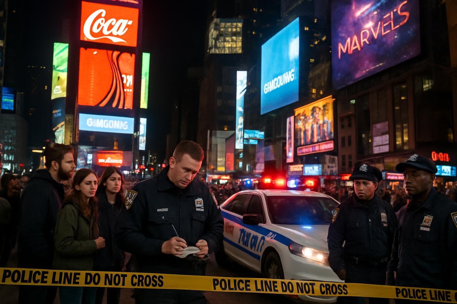 Police and bystanders in Times Square at night