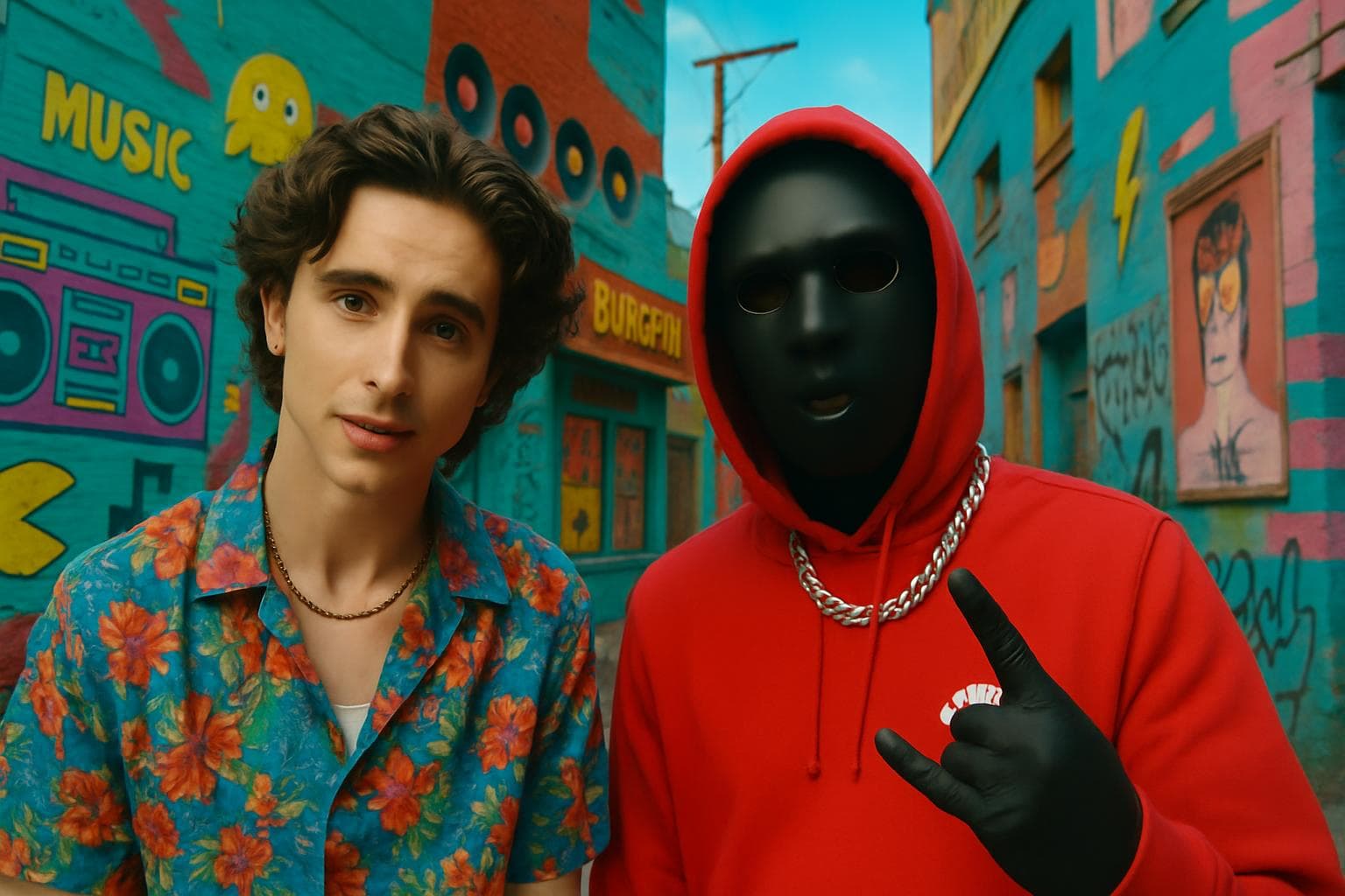 Timothée Chalamet with masked rapper EsDeeKid in music video