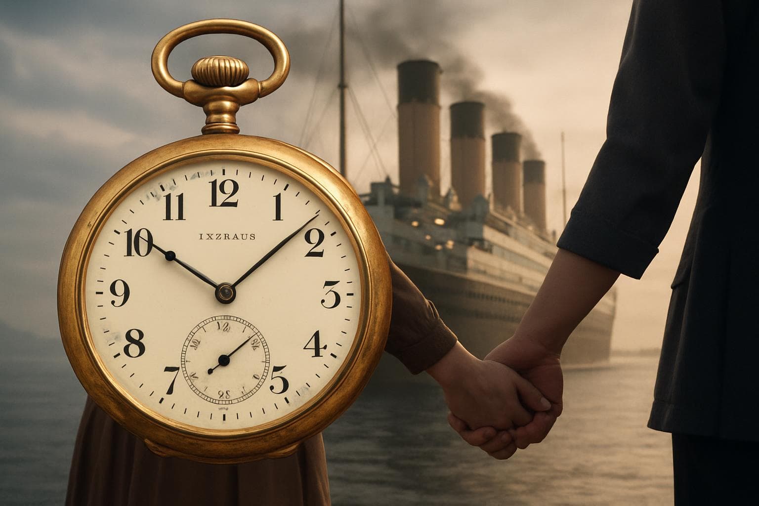 Gold pocket watch with Titanic and couple in background