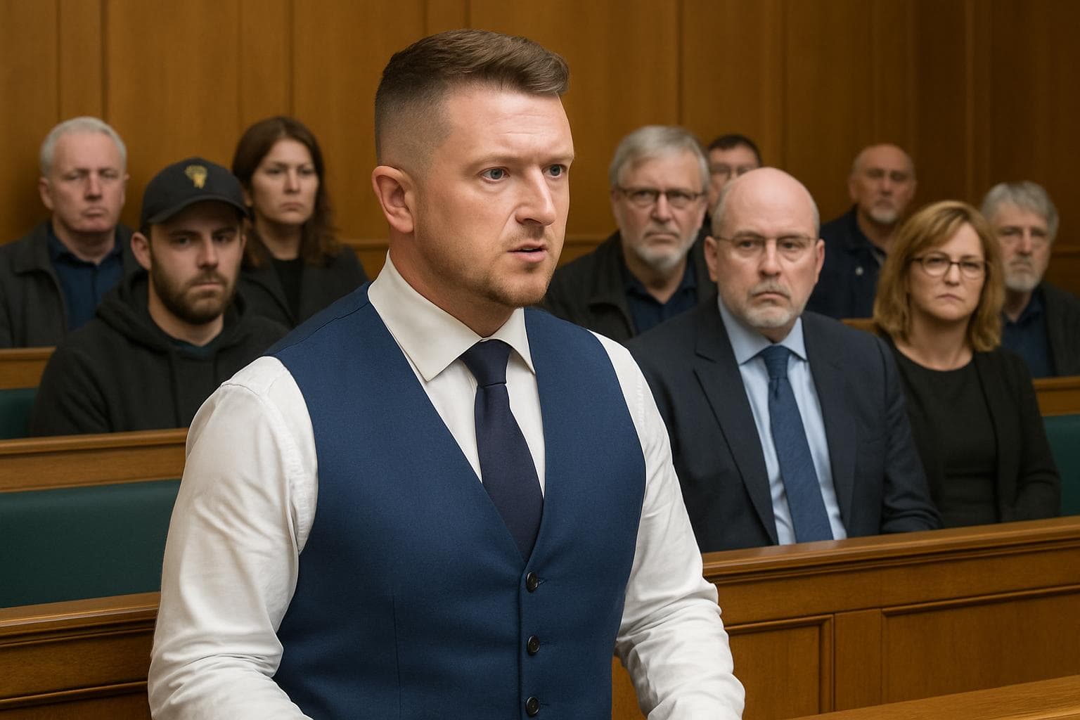 Tommy Robinson in court wearing a blue waistcoat