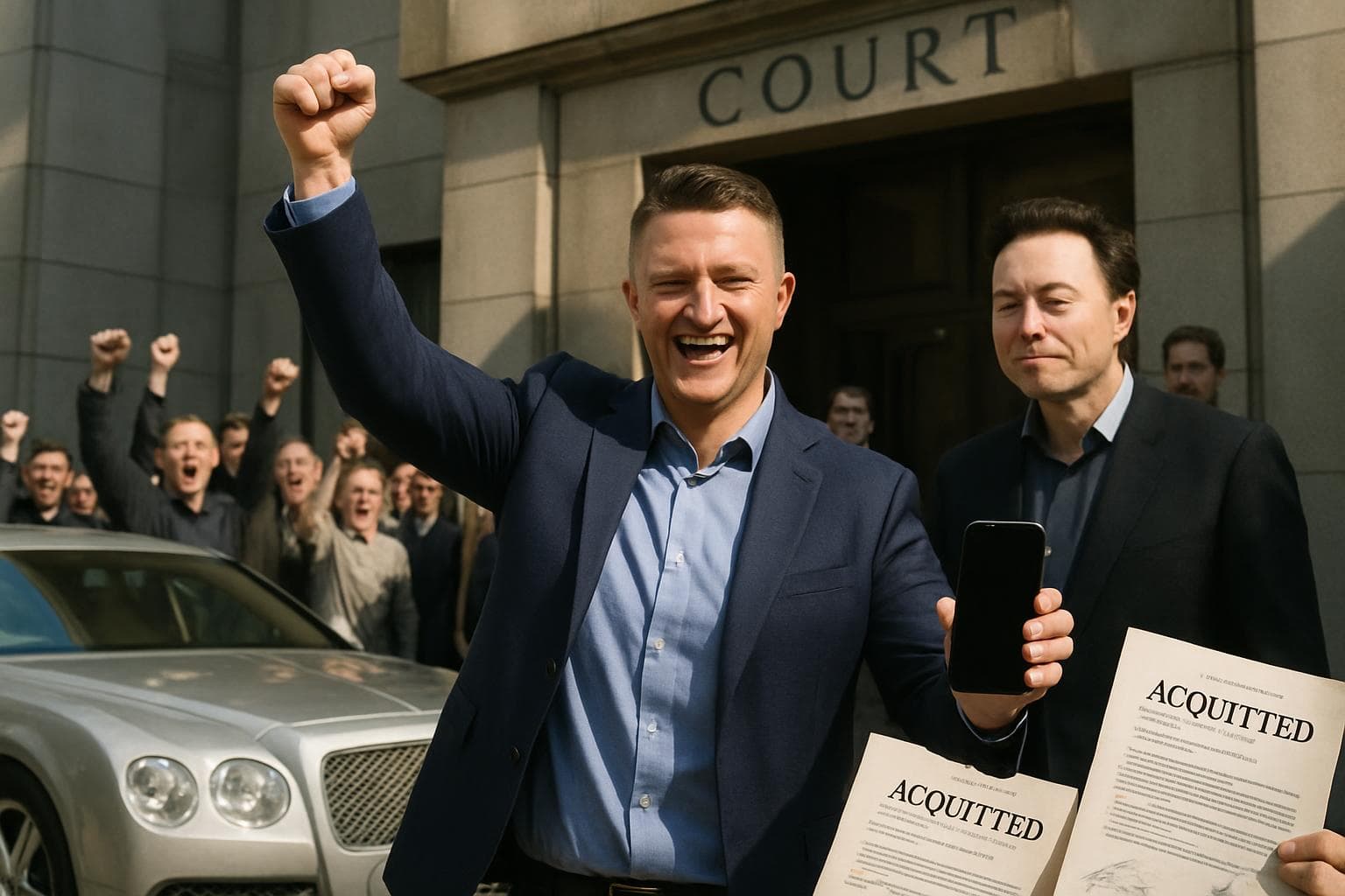Tommy Robinson outside courthouse with phone and silver Bentley