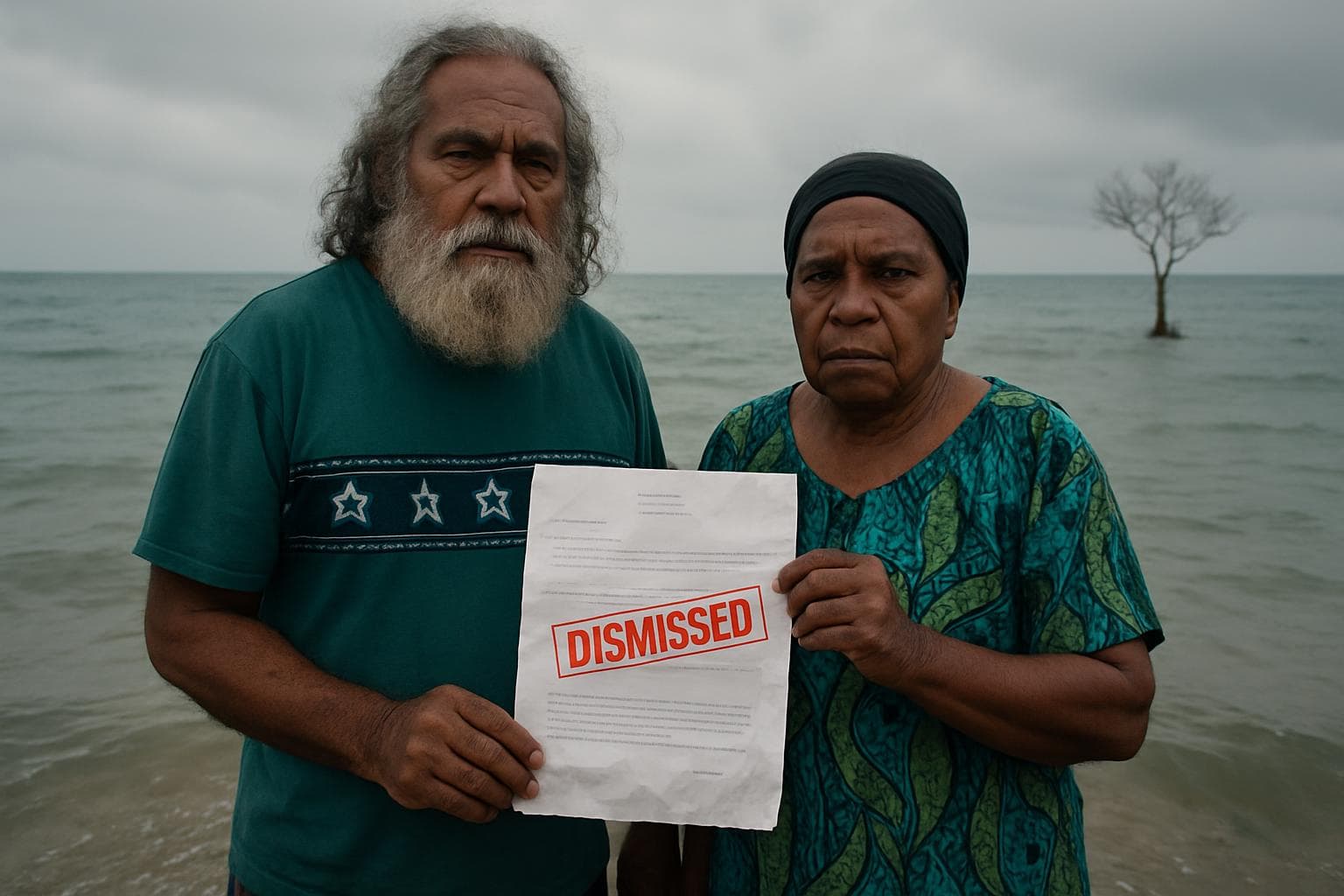 Two Torres Strait Islander elders on an island with rising sea levels