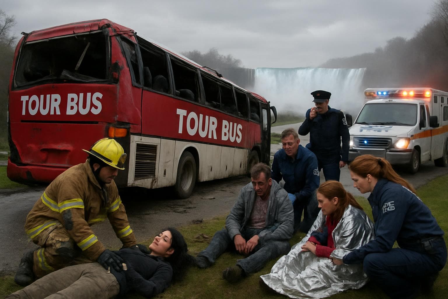Overturned tour bus with emergency responders near Niagara Falls