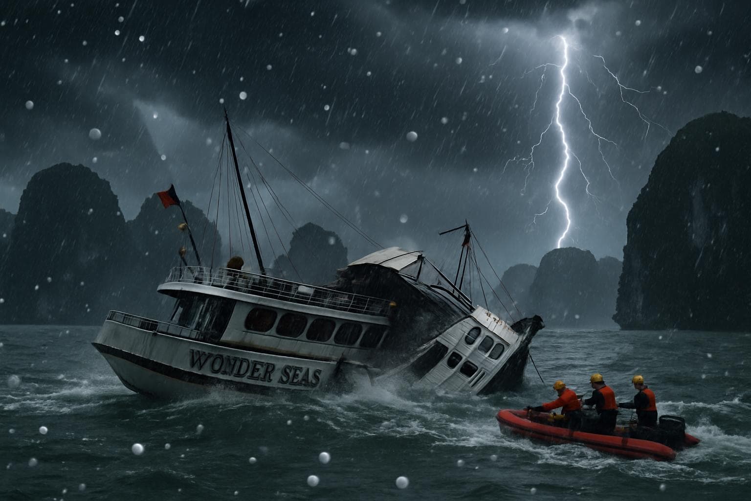Tourist boat capsizing in stormy Ha Long Bay with rescue efforts