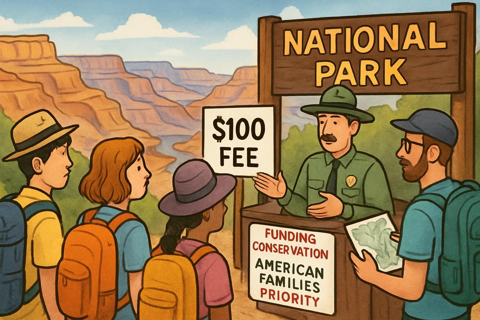 Tourists at US national park entrance with $100 fee sign