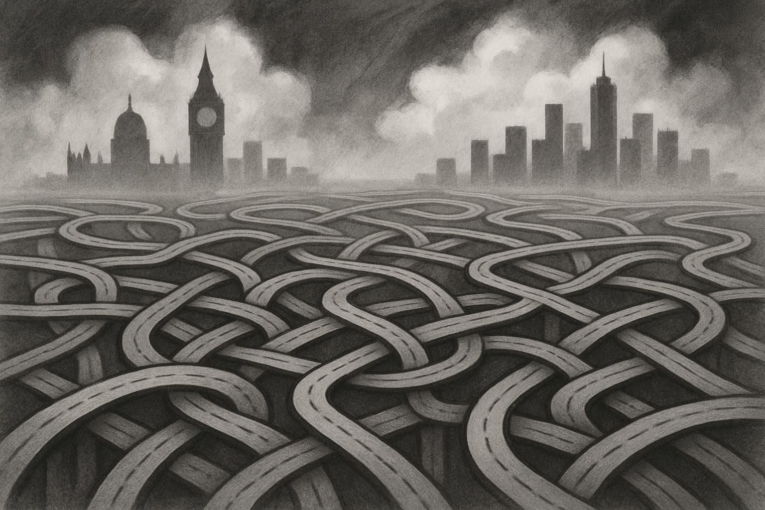 Complex trade routes with city skylines symbolizing tariff impact