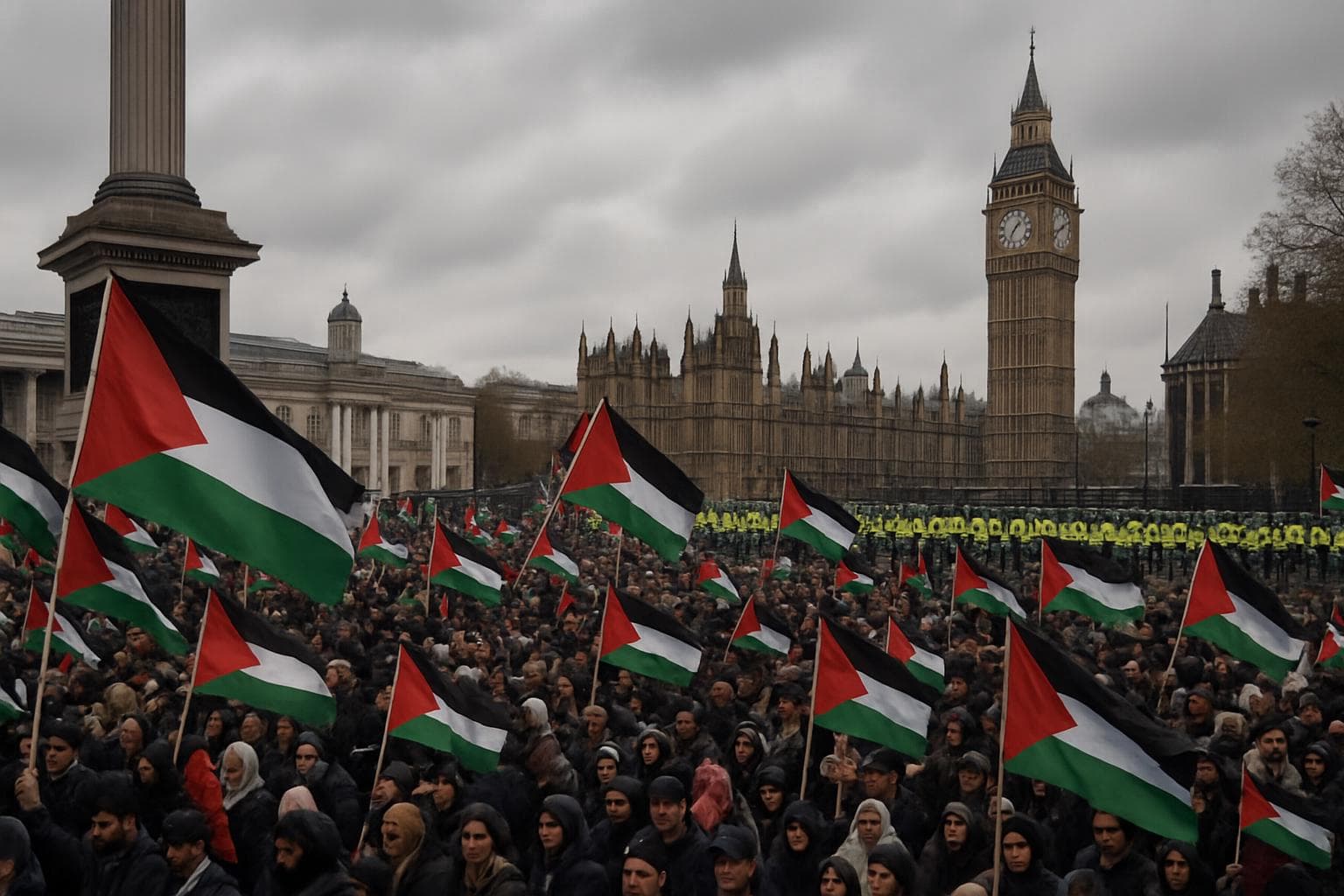 Protesters in Trafalgar Square with Palestinian flags and police