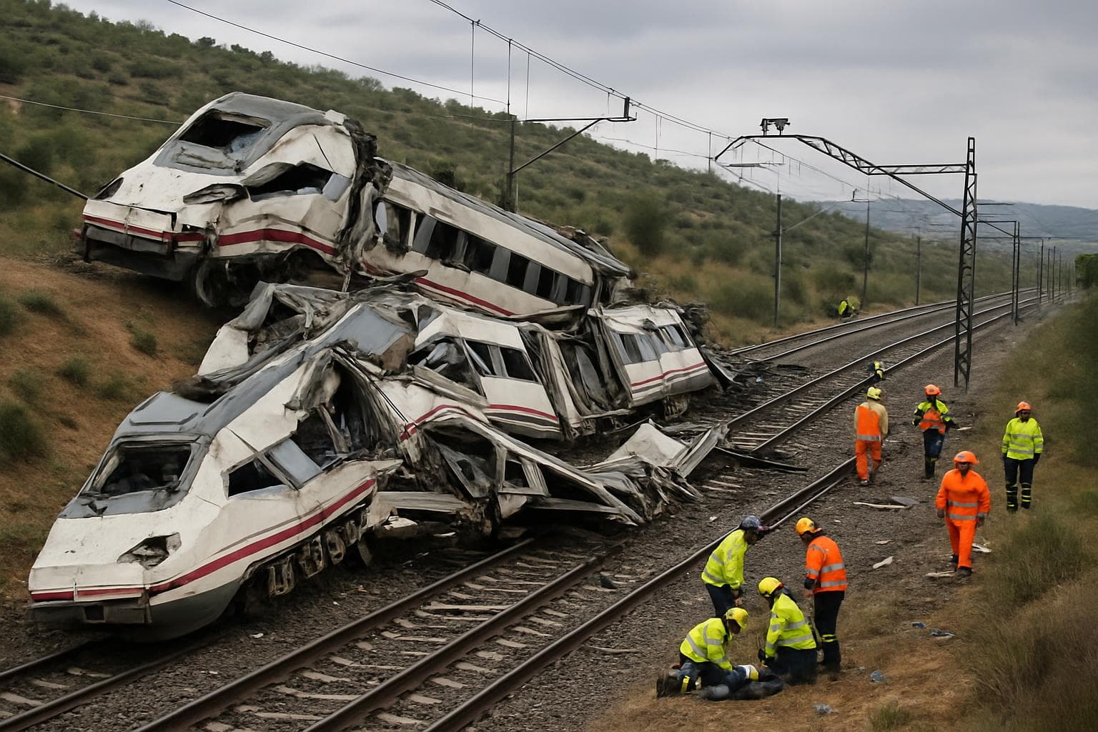Emergency workers at train collision site near Adamuz, Spain