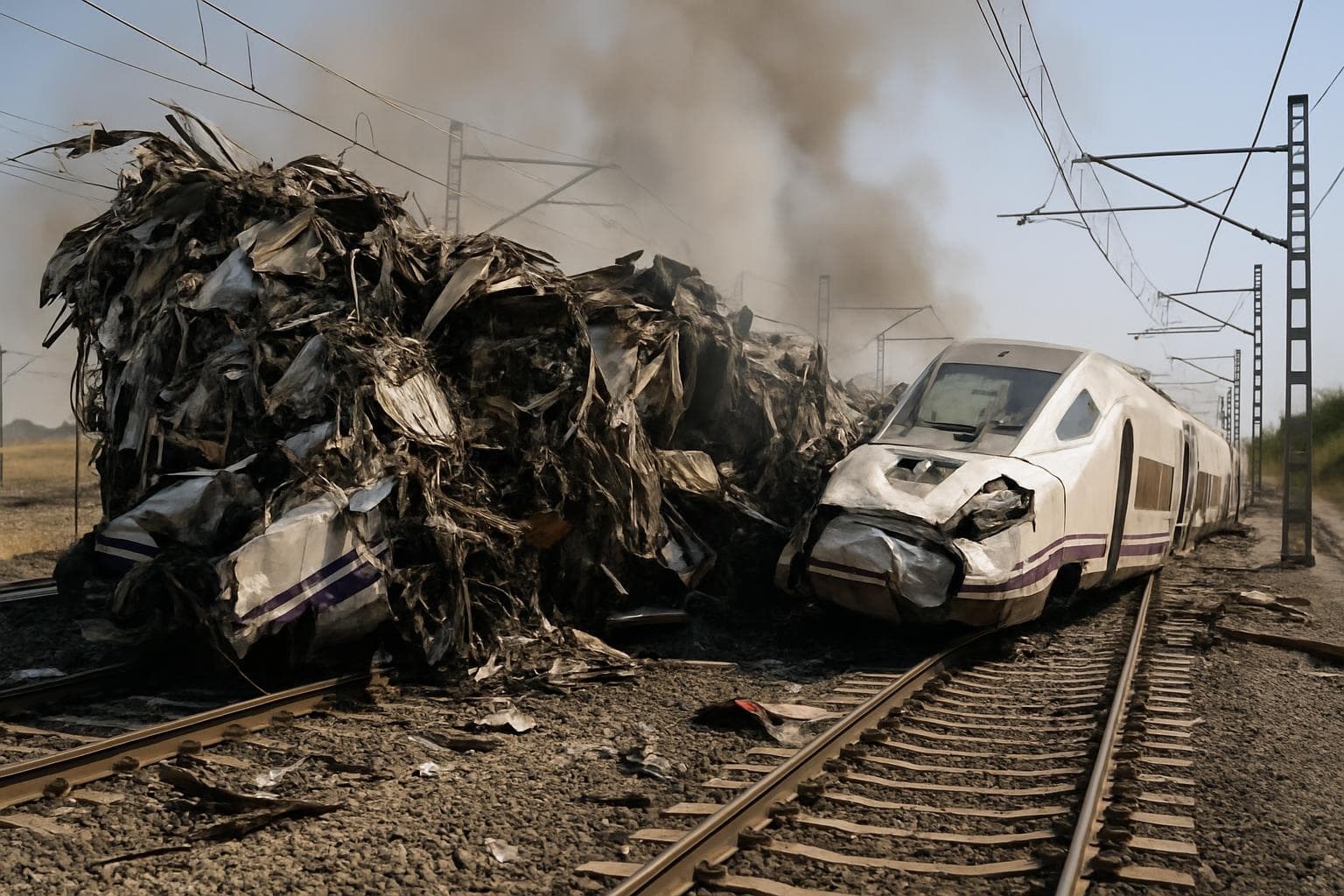 Wreckage of two high-speed trains after a collision near Córdoba, Spain