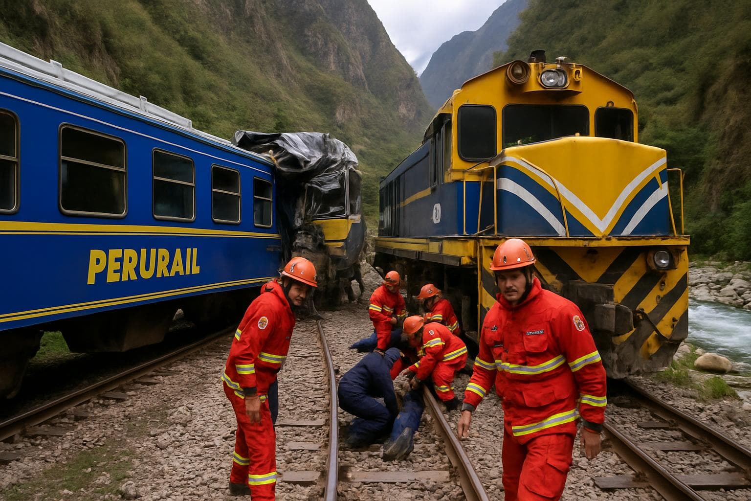 Two trains collided on a narrow track near Machu Picchu with emergency responders present.