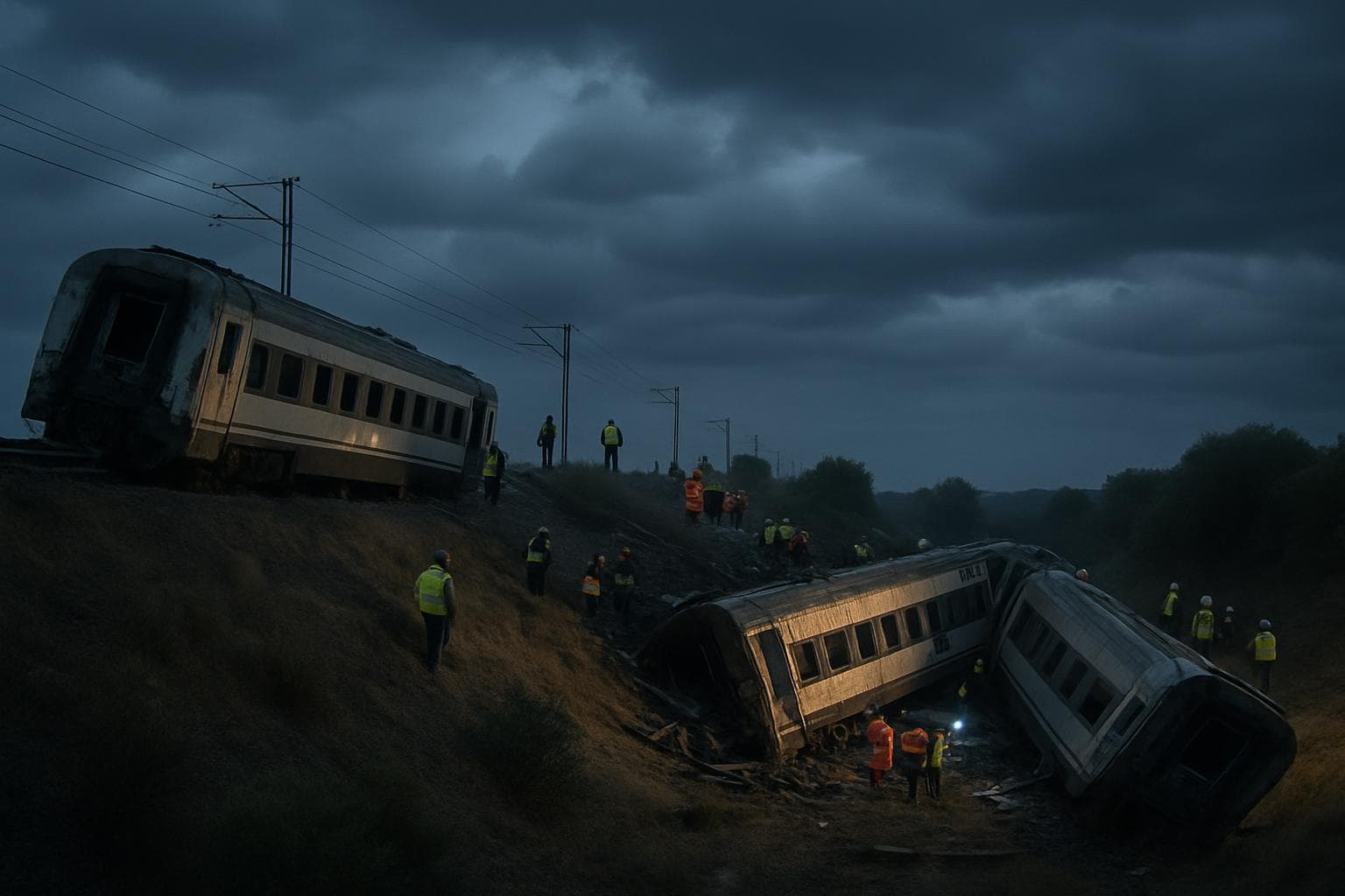 Derailed train carriages with rescue teams near Adamuz