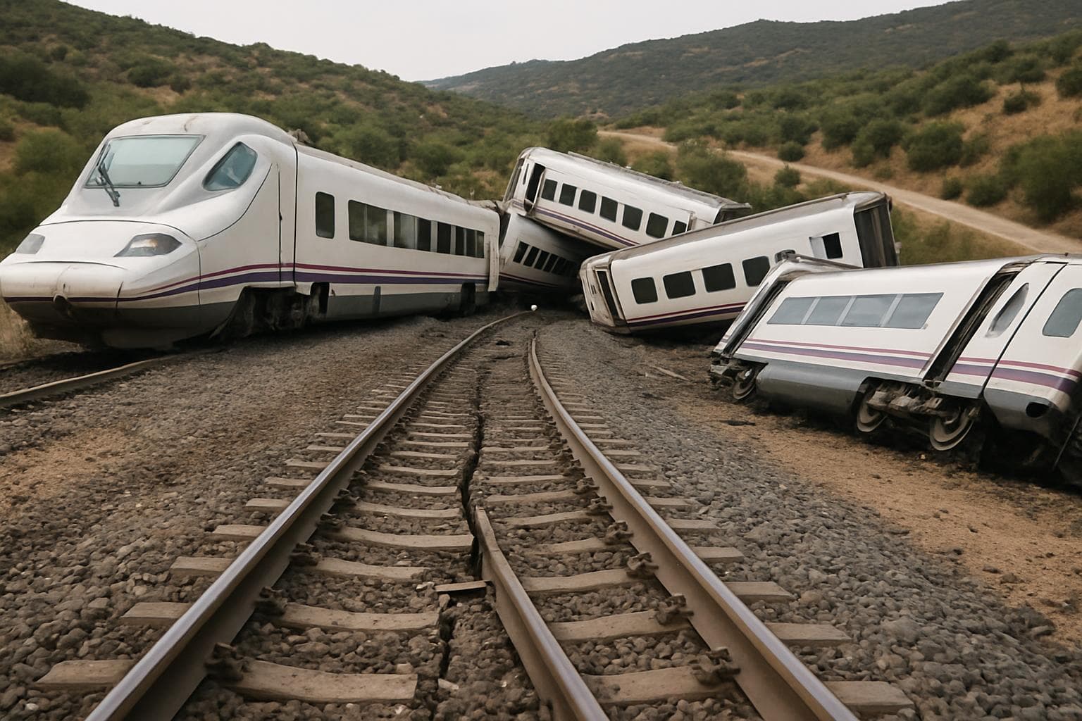 Derailed high-speed train near Adamuz, Spain with broken tracks
