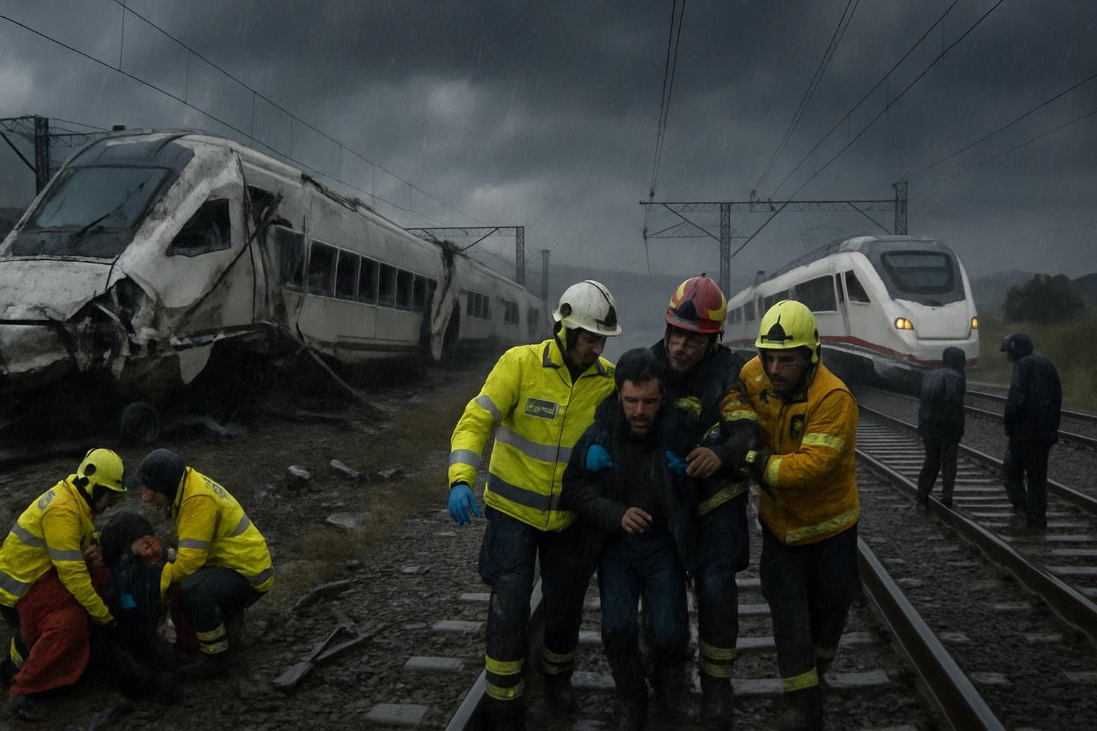 Train derailed near Barcelona with emergency workers assisting