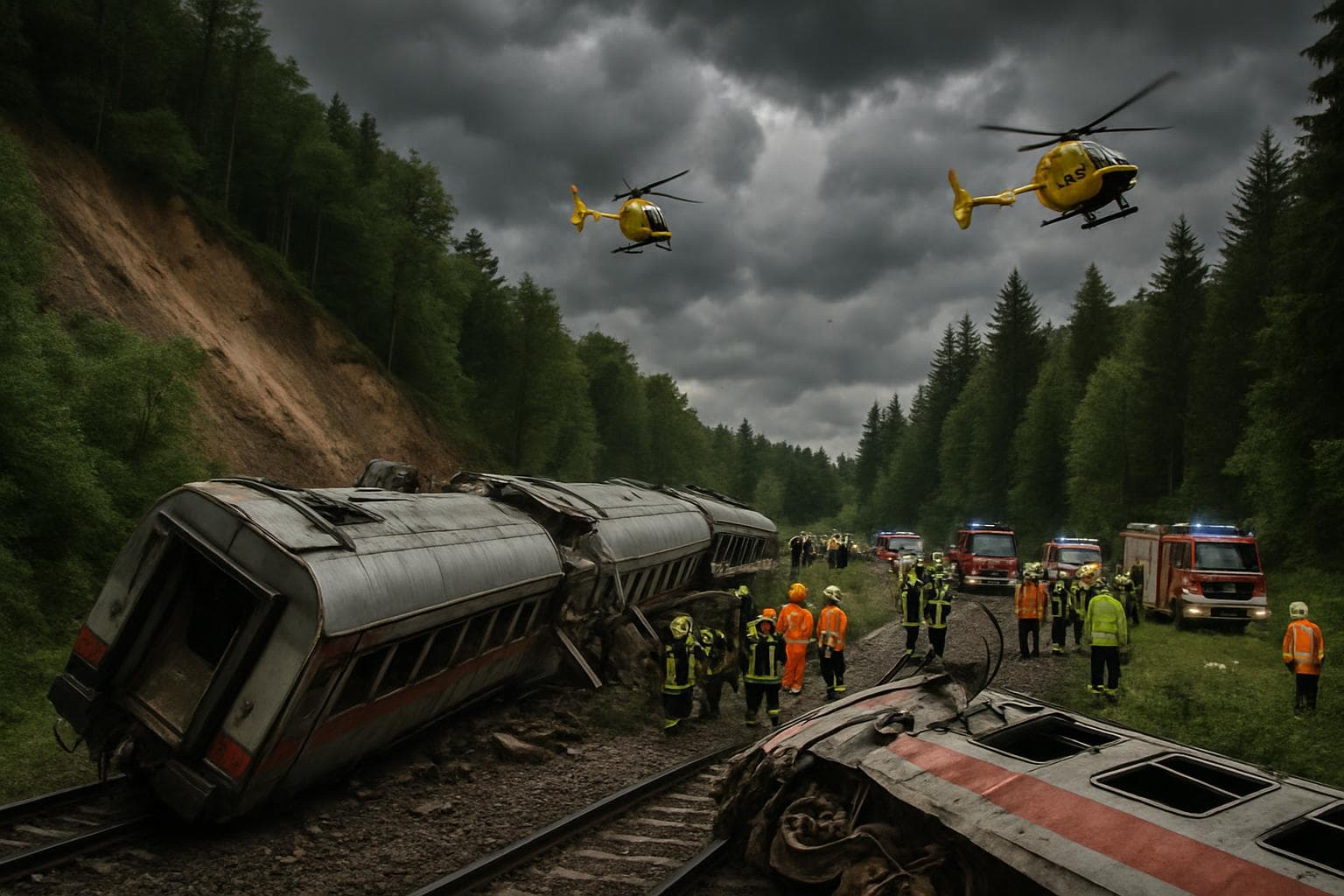 Overturned train carriages in a forest near Riedlingen, Germany
