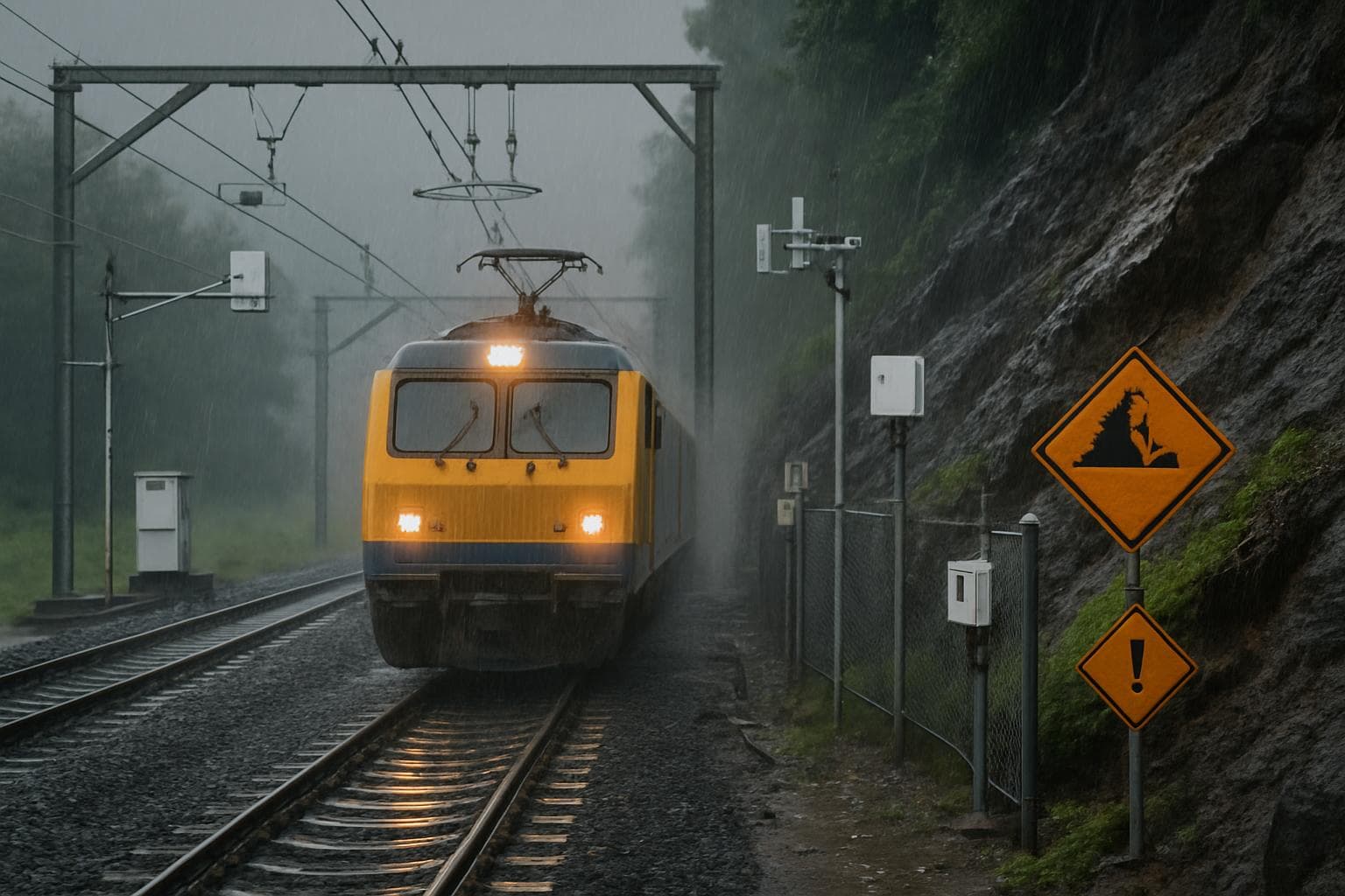 Train traveling on rain-soaked tracks with monitoring sensors