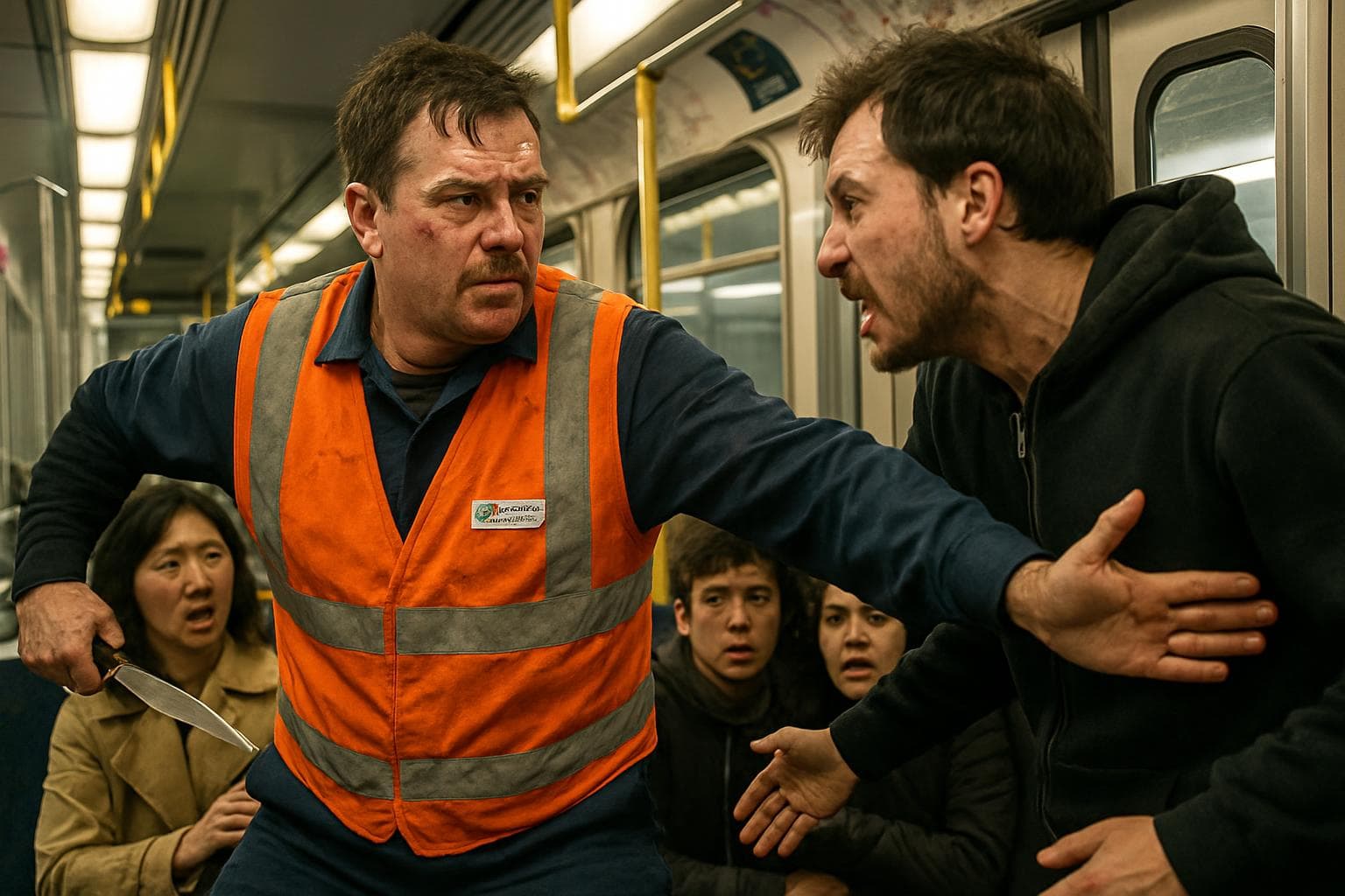 Train worker heroically protecting passengers during stabbing