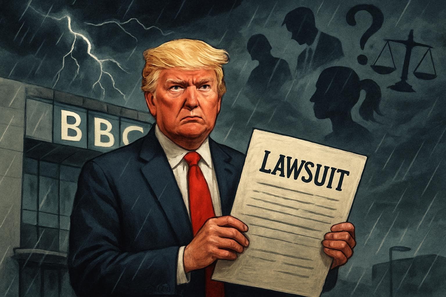 Donald Trump holding lawsuit document in front of BBC headquarters