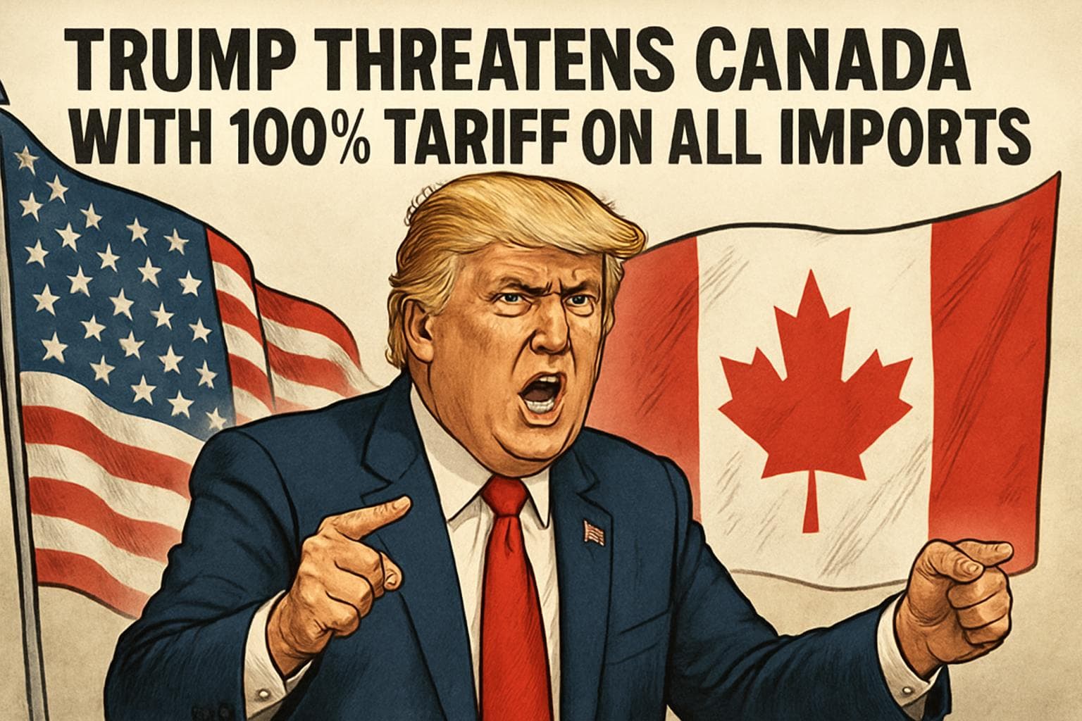 Donald Trump speaking at a podium with US and Canadian flags