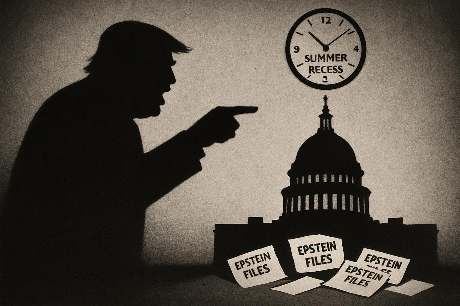 Shadows of Trump and Congress with scattered Epstein files