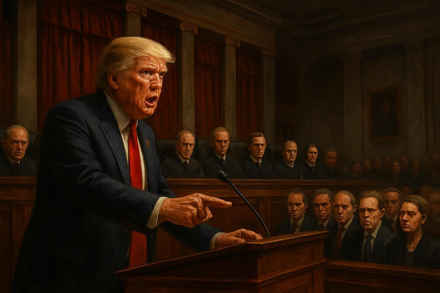 Donald Trump in a tense courtroom discussing tariffs