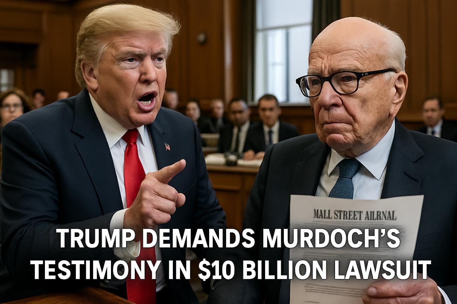 Donald Trump in courtroom demanding Rupert Murdoch's testimony