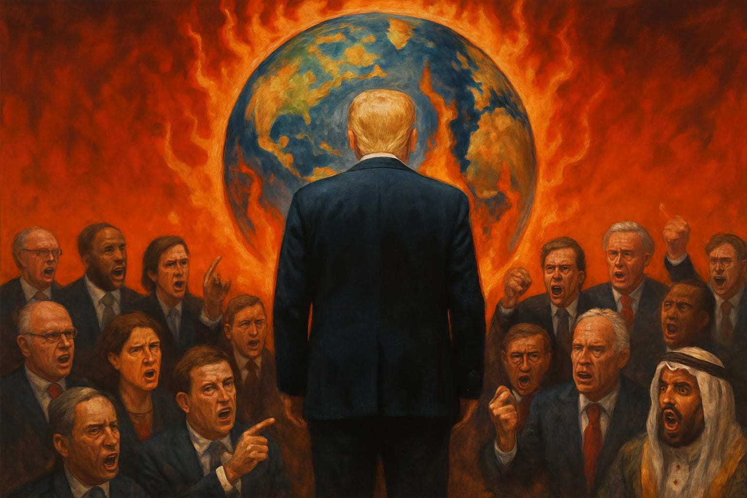 Donald Trump stands with Earth in flames behind him