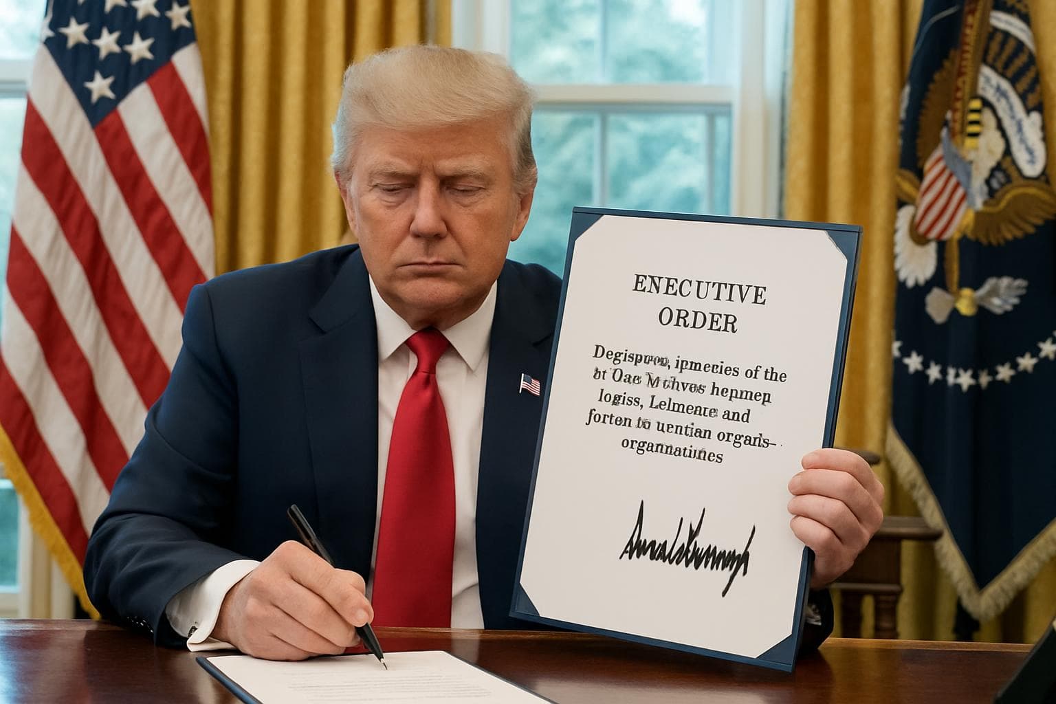 Donald Trump signing an executive order at a desk