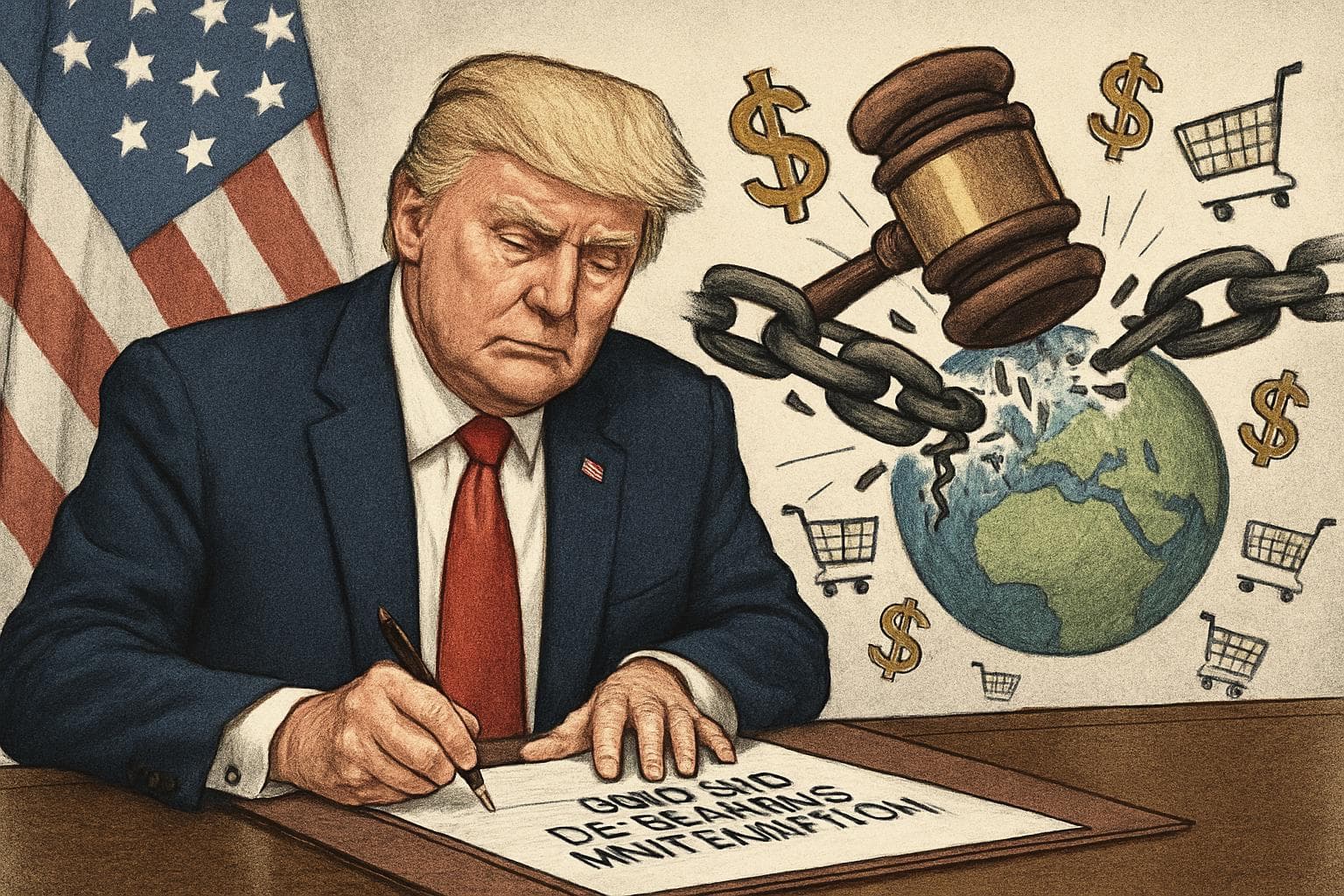 Gavel breaking chains on a globe with dollar signs