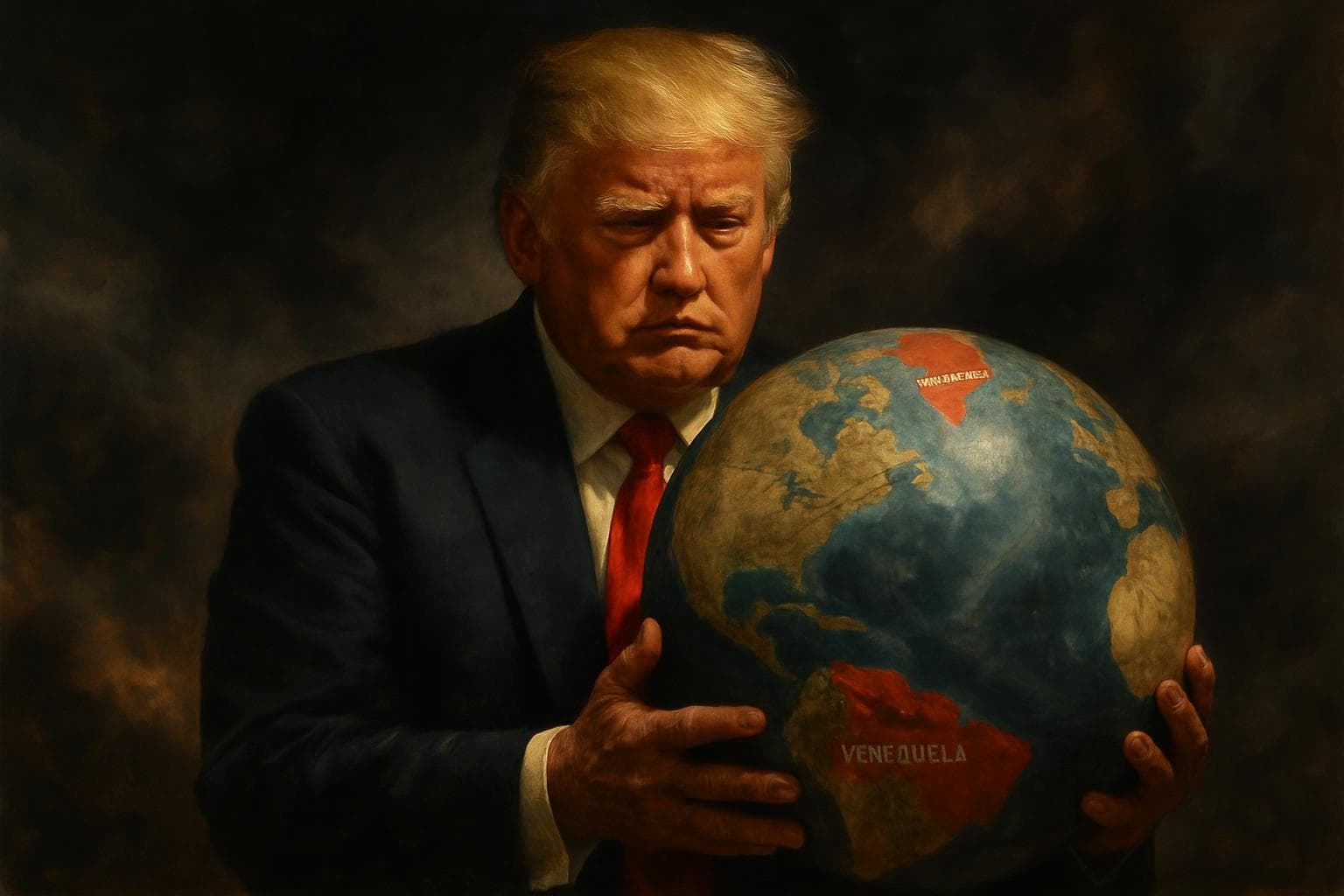 President Trump holding a globe with Venezuela and Greenland highlighted