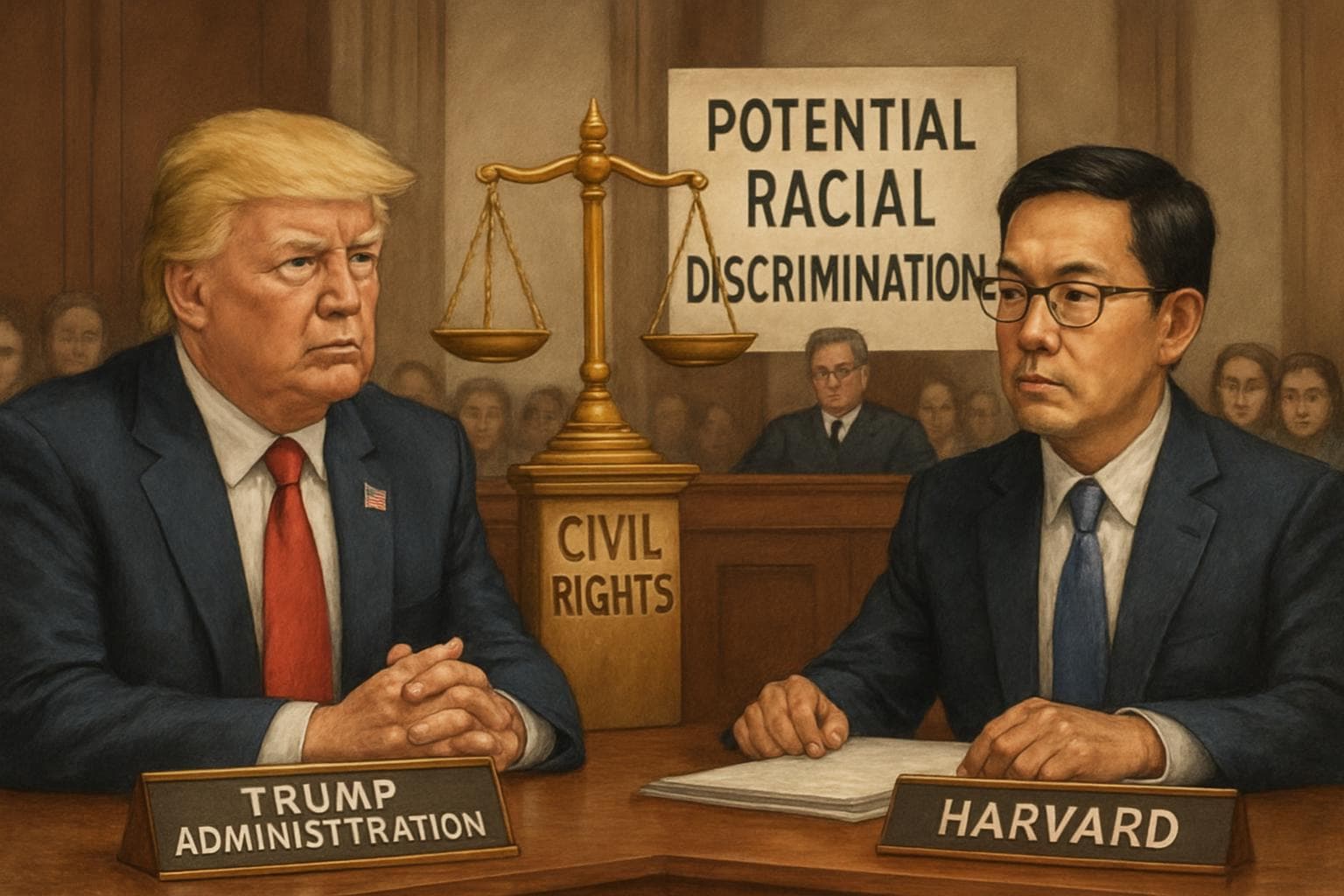 Courtroom scene of Trump administration vs Harvard University