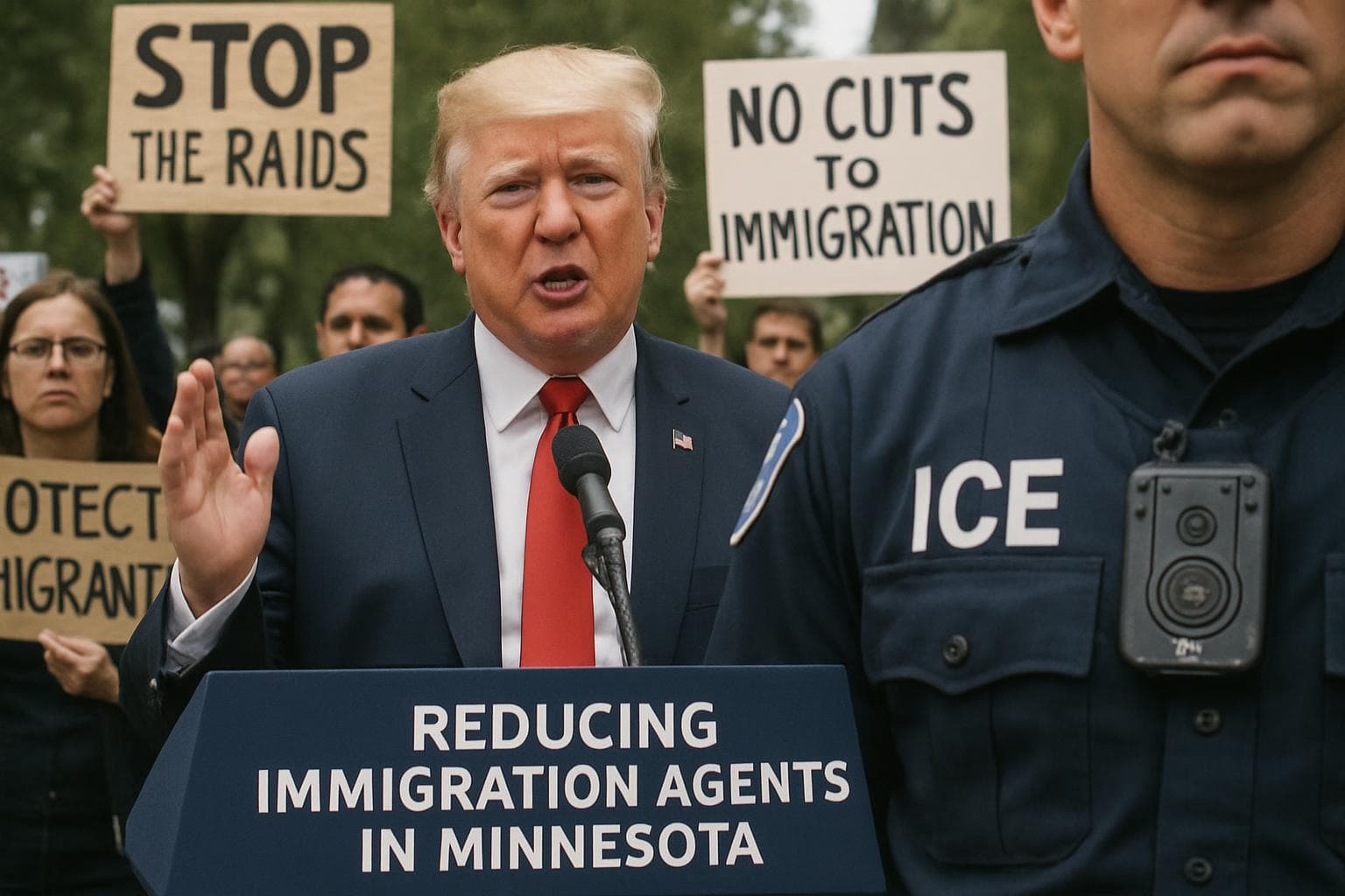President Trump speaking at a podium with protesters in the background