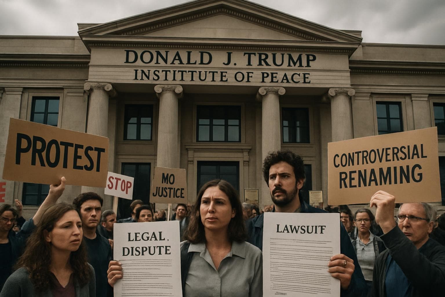 Facade of Donald J. Trump Institute of Peace with protesters