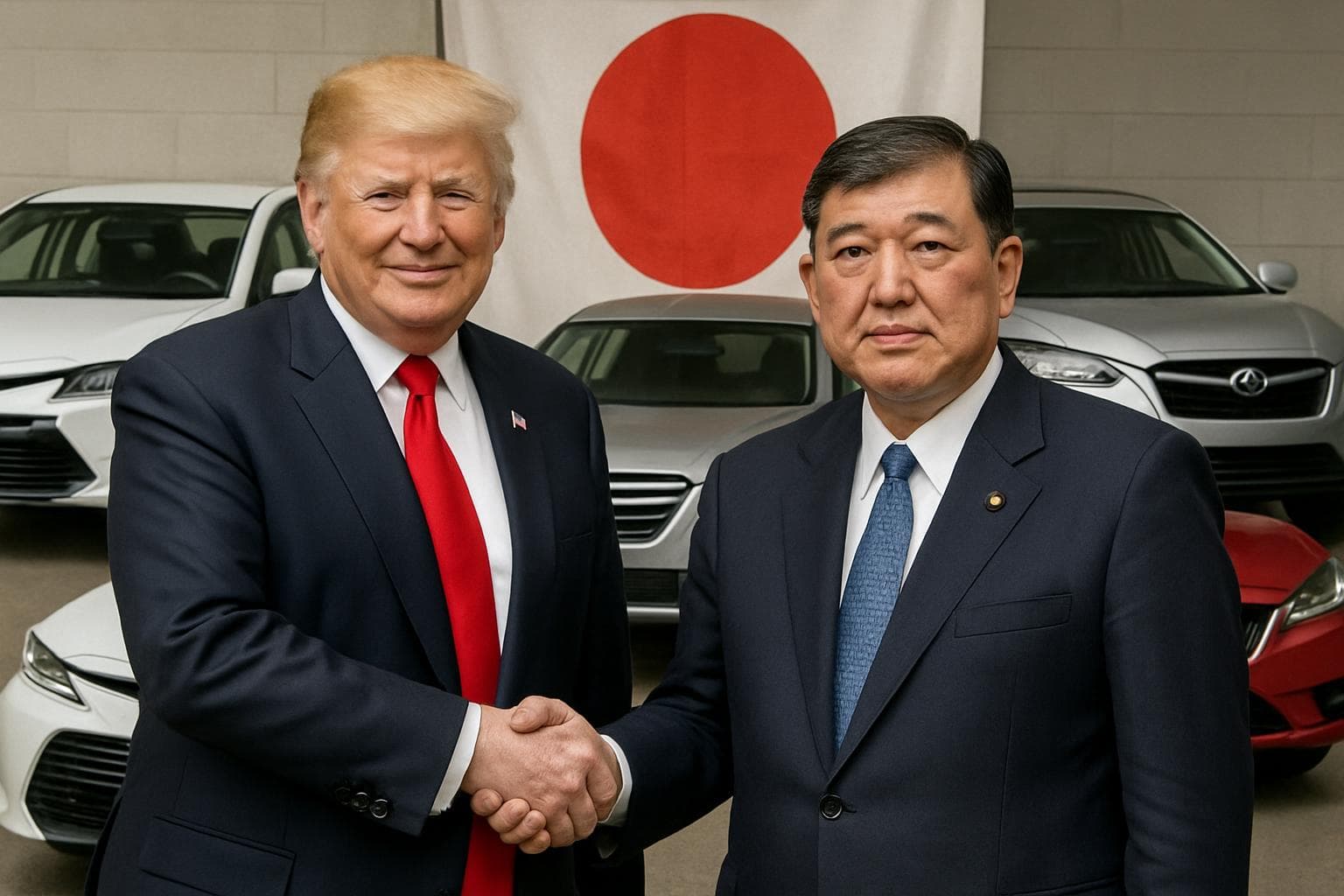 President Trump and Prime Minister Ishiba shaking hands with Japanese cars in background