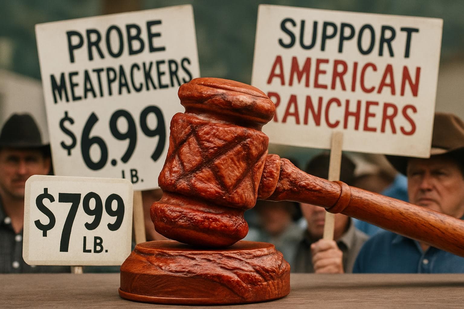 Gavel and beef steak symbolizing legal investigation into meat packers