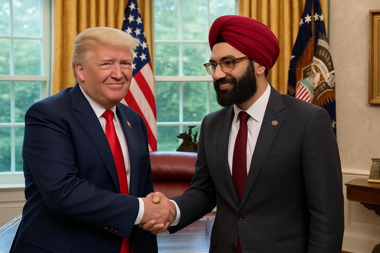 Donald Trump and Zohran Mamdani shaking hands in the Oval Office