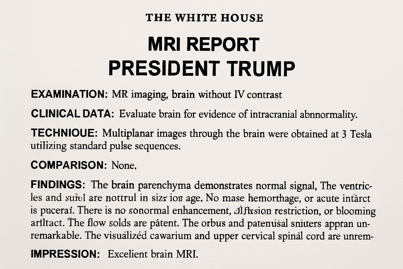 MRI report detailing President Trump's excellent health
