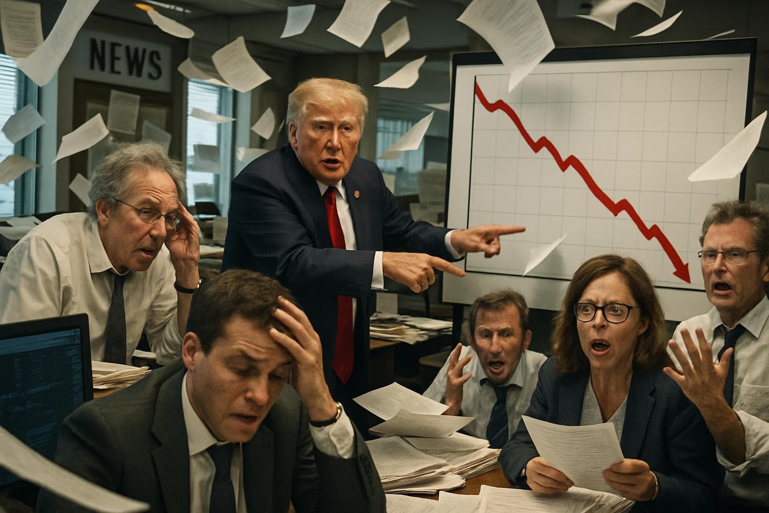 President Trump pointing at a downward graph in a chaotic newsroom